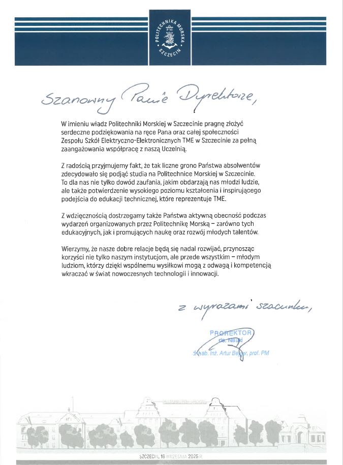 Pismo z podziękowaniami od Prorektora Politechniki Morskiej w Szczecinie skierowane do Dyrektora TME za wieloletnią współpracę, datowane 18 września 2025 r.
