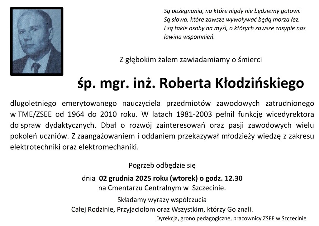 Nekrolog mgr. inż. Roberta K. – oficjalne ogłoszenie ZSEE TME o śmierci pracownika szkoły