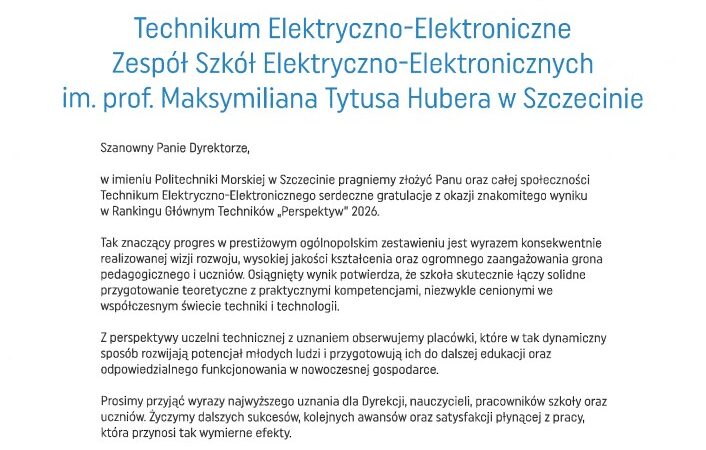 List gratulacyjny od Rektora Politechniki Morskiej