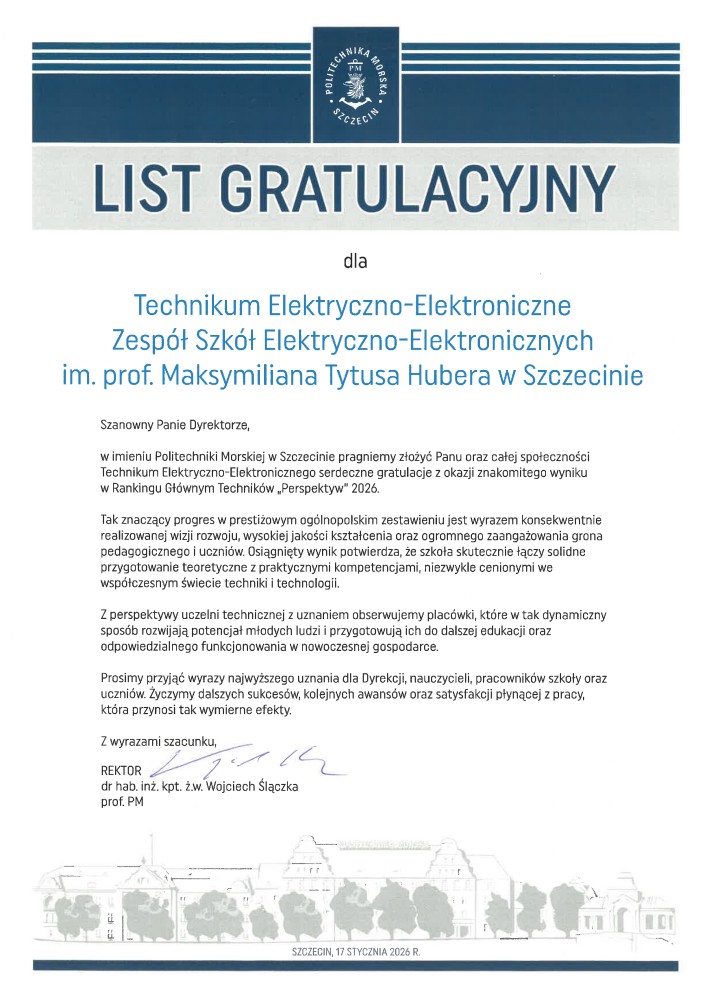 List gratulacyjny od Rektora Politechniki Morskiej w Szczecinie skierowany do ZSEE TME