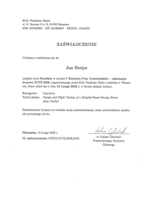 Projekt naukowy Jana Bodysa z ZSEE TME prezentowany podczas Międzynarodowej Konferencji Młodych Naukowców ICYS 2026