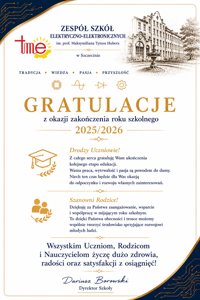 Grafika gratulacyjna ZSEE TME z okazji zakończenia roku szkolnego 2025/2026