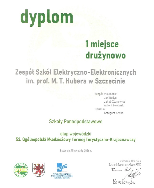 Uczniowie TME z nagrodą za I miejsce w Wojewódzkim Etapie LII OMTTK PTTK – wręczenie dyplomów