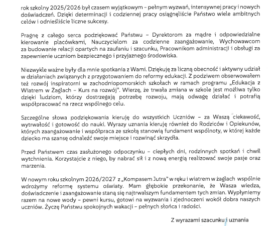 Podziękowania Zachodniopomorskiego Kuratora Oświaty