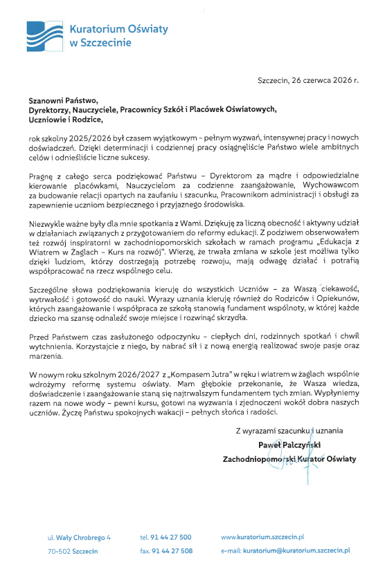 Pismo z podziękowaniami od Zachodniopomorskiego Kuratora Oświaty skierowane do ZSEE TME