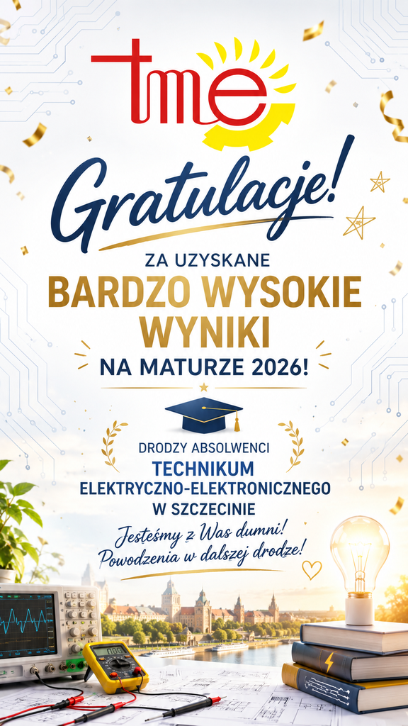 Grafika gratulacyjna TME dla absolwentów za bardzo wysokie wyniki na maturze 2026 – logo szkoły, symbole edukacyjne, panorama Szczecina