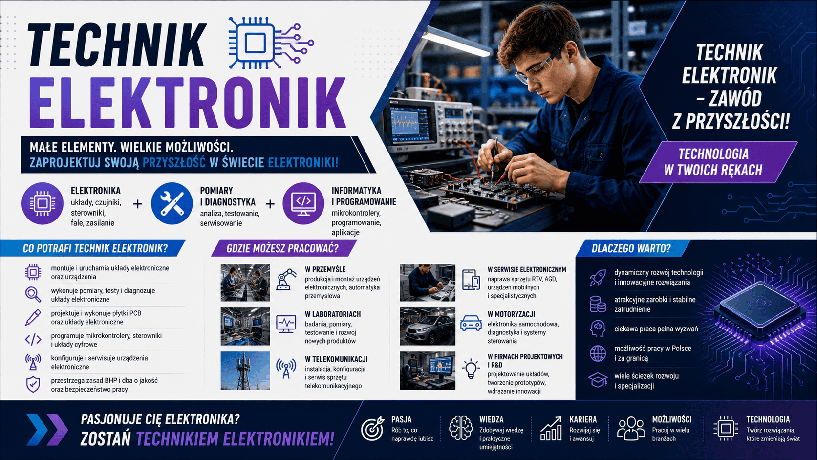 Infografika rekrutacyjna kierunku Technik Elektronik w TME – zakres kształcenia i perspektywy zawodowe