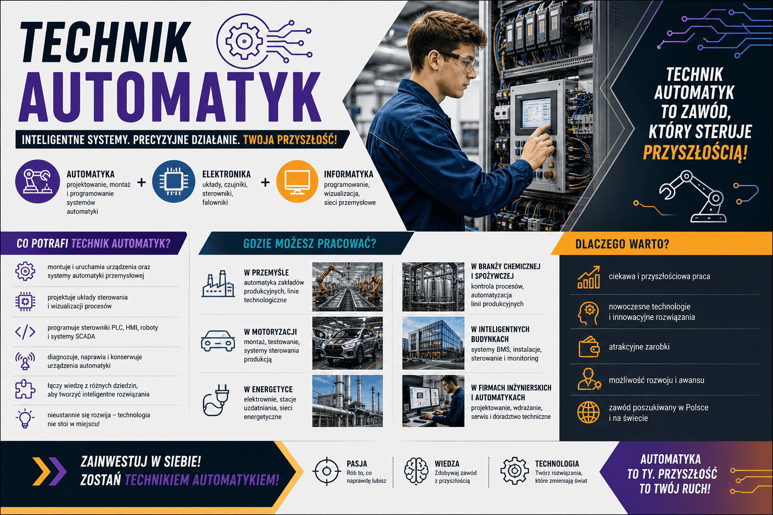 Infografika rekrutacyjna kierunku Technik Automatyk w TME – automatyka, elektronika i informatyka przemysłowa