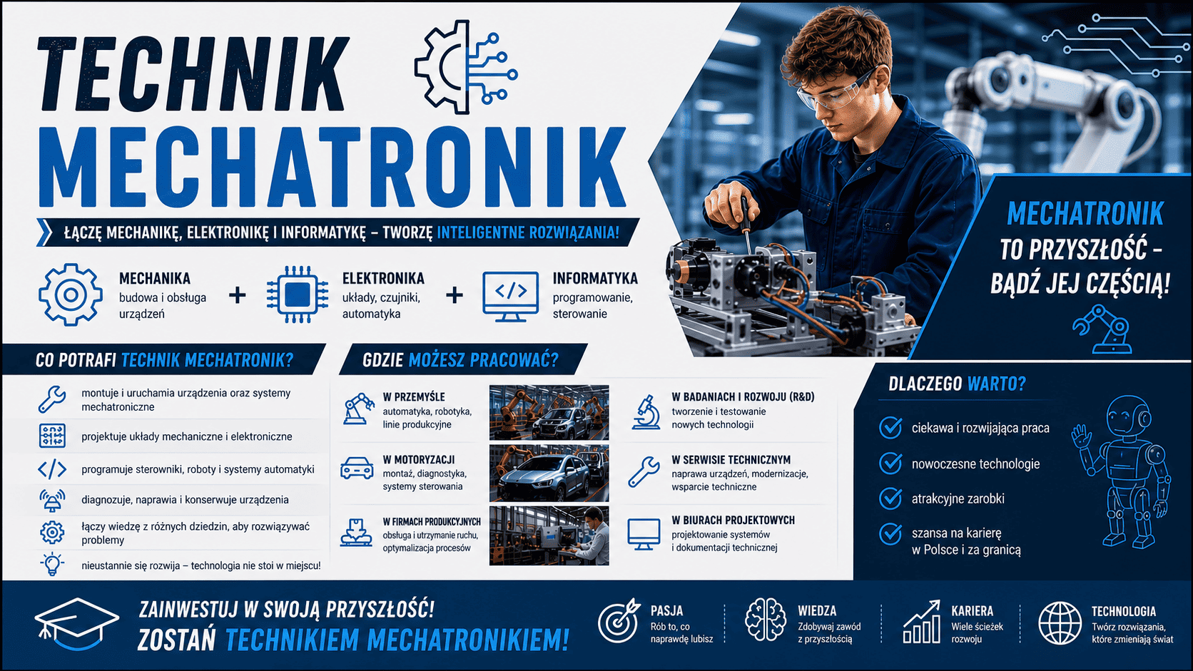 Infografika rekrutacyjna kierunku Technik Mechatronik w TME – mechanika, elektronika i informatyka
